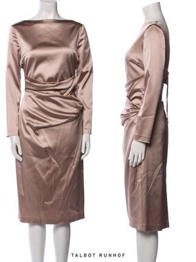 NWT - Talbot Runhof Blush Satin Long-Sleeve Sheath Dress (14)